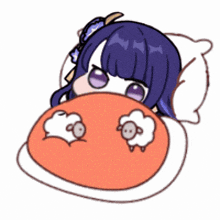 a cartoon of a girl laying under a blanket with two sheep .