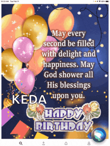 a birthday card for keda with balloons and confetti on it
