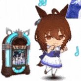 a little girl is standing next to a jukebox and a music box .