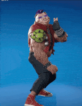 a pig wearing a red vest and black pants is standing with his arms outstretched