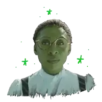 a drawing of a woman with green glasses and stars around her