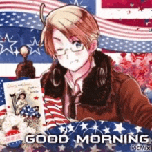 a good morning greeting card with a man holding an american flag and a book .