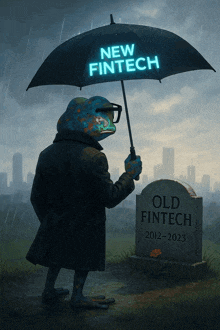 a lizard is holding an umbrella that says new fintech