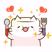 marshmallow cat pink and white hungry fork