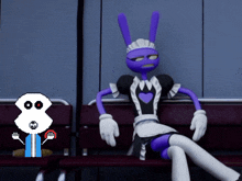 a cartoon character wearing a maid outfit sits next to a pixelated skeleton