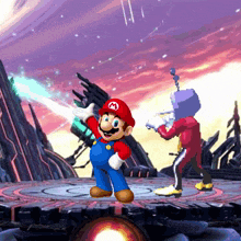 a pixel art of mario holding a sword with a m on his hat
