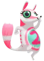 a pink and white cartoon animal with green eyes