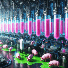 a man in a lab coat stands in front of a bunch of pigs