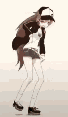 a girl wearing a baseball cap and shorts is standing on a white background .