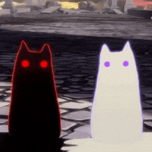 a black cat and a white cat are standing next to each other .
