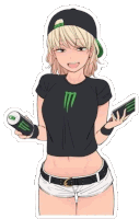 a girl in a monster shirt is holding a can of monster energy drink