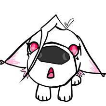 a drawing of a dog with pink eyes and a surprised look on its face
