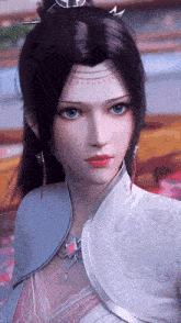 a woman with purple hair and blue eyes is wearing a white dress