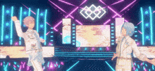 a couple of anime characters are dancing on a stage with neon lights