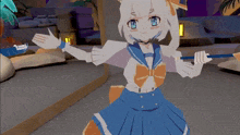 a girl in a blue and white outfit is holding a blue stick