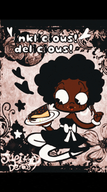 a cartoon of a girl holding a piece of cake with the words " inklicious delicious " on the bottom
