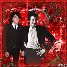 a black and white photo of two men with red hearts and roses says picmix on the bottom