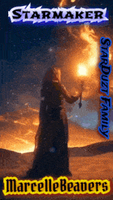 a poster for starmaker shows a person holding a torch in the desert