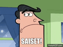 a cartoon man is standing in front of a window and says saiset !