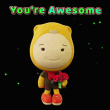 a cartoon character holding a bouquet of red roses and says you 're awesome