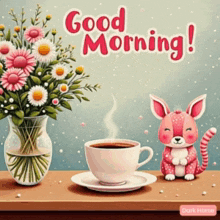 a cup of coffee sits on a saucer next to a vase of flowers and a cat