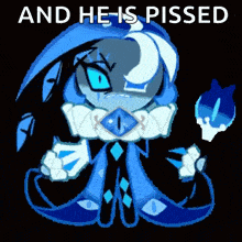 a pixel art of a cartoon character with the words `` and he is pissed '' written on it .