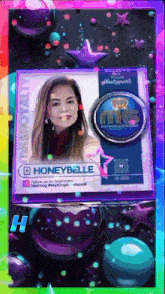 a picture of a woman named honeybelle is surrounded by balloons and stars