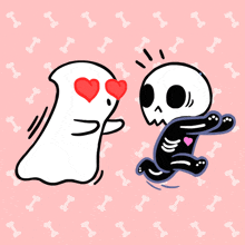 a cartoon of a skeleton and a ghost with hearts on their eyes