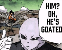a cartoon character giving a thumbs up with the words " him oh he 's goated "