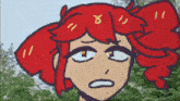 a cartoon drawing of a girl with red hair has the letter r on her forehead