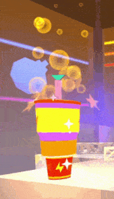 a cartoon drawing of a colorful cup with bubbles coming out of it