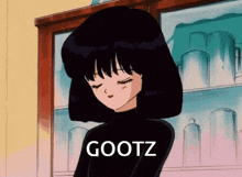 a girl with black hair is standing in front of a glass cabinet with the word gootz on it