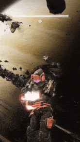 a man in a space suit is holding a glowing object in his hand