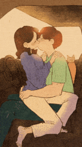 a man and woman kissing in a car with a cat in the background
