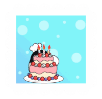 a penguin is standing next to a birthday cake with candles on it