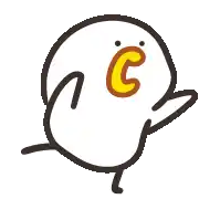 a cartoon chicken with a yellow beak and a letter c on its face is waving .