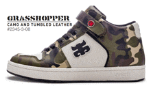 a pair of camo and tumbled leather sneakers