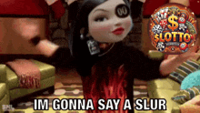 a cartoon doll is standing in a living room with the words im gonna say a slur behind her