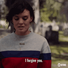 a woman says i forgive you in a showtime advertisement