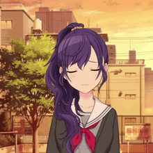 a girl with purple hair is standing in front of a building