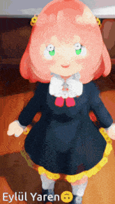 a girl with pink hair and green eyes is standing in front of a sign that says " eylül yaren "