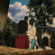 a girl with a red backpack is hugging a dog