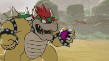 a cartoon drawing of bowser holding a purple item in his hand .