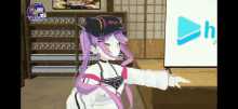 a girl with purple hair and a hat is standing in front of a screen with the letter h on it