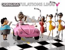 a group of cartoon characters are standing next to a pink car .