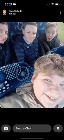 a phone screen shows a picture of a group of boys with the name kian colwill on the bottom