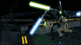 a lego figure is holding a light saber in front of a robot