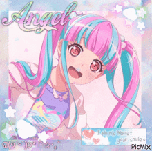 a picture of a girl with pink and blue hair and the word angel on it