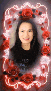a woman is surrounded by red and white roses and has a shirt that says liked on it