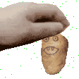 a pixel art of a hand holding a potato with a face drawn on it .